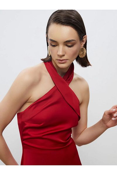 LC Waikiki Soulife Burgundy Halter Neckline Satin Evening Dress