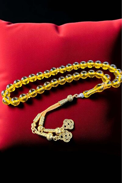 Atolyezone Sarı Çay Fosilli Toz Kehribar Tesbih, Kehribar Tespih Altın Kaplam...