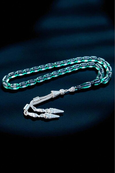 Atolyezone Su Yeşili Sürmeli Toz Kehribar Tesbih, Kehribar Tespih Gümüş Kapla...