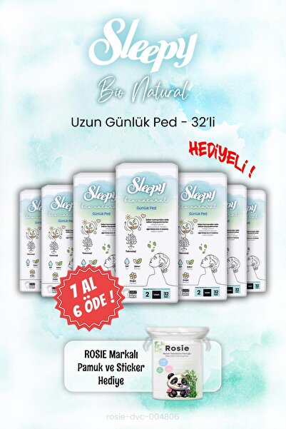 Sleepy 7 AL 6 ÖDE Sleepy Bio Natural Uzun 32'li Günlük Ped ve ROSIE
