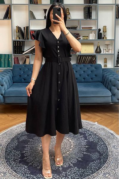 Neşeli Butik Women Black Ruffle Detail Midi Dress Nbmy3739