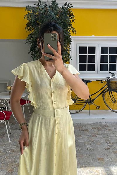 Neşeli Butik Women's Yellow Ruffle Detail Midi Dress Nbmy3739
