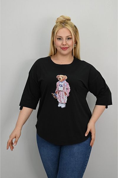 Koza Butik Women's Plus Size Short Sleeve Stone Detailed Bear Printed Oversize T-Shirt 1926-25