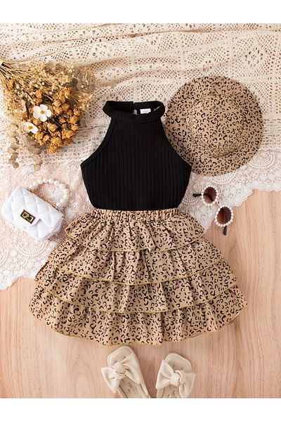 miço kids Girl's Ruffled Skirt Summer Suit
