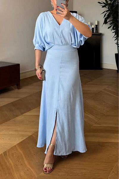 Neşeli Butik Baby Blue V-Neck Lycra Summer Dress Nbmy3579