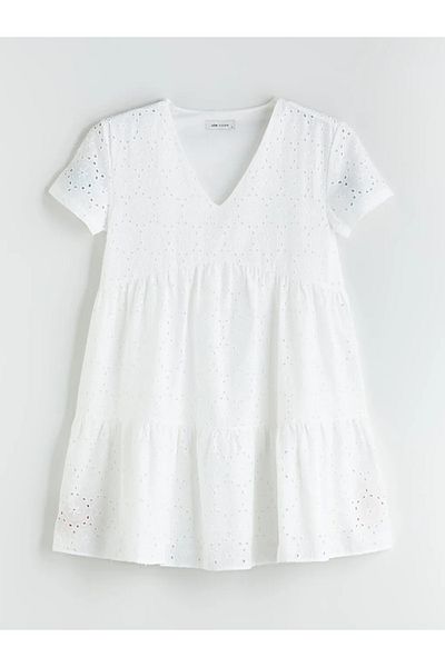 LC Waikiki Lcw Vision White V-Neck Openwork Folded Gathered Brode Dress