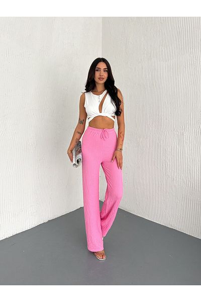 Giyimsel Gofre Bubble Lycra Women's Pants with Drawstring Waist and Elastic