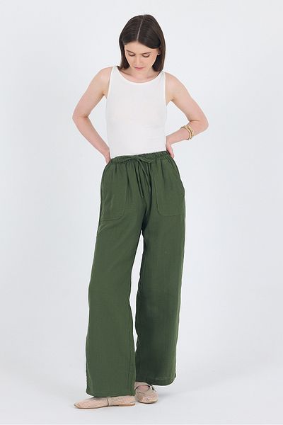 Rays Khaki Linen Look 100% Cotton Pocket Wide Leg Trousers 8054A