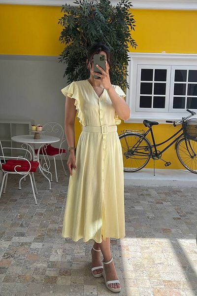 Neşeli Butik Women's Yellow Ruffle Detail Midi Dress Nbmy3739