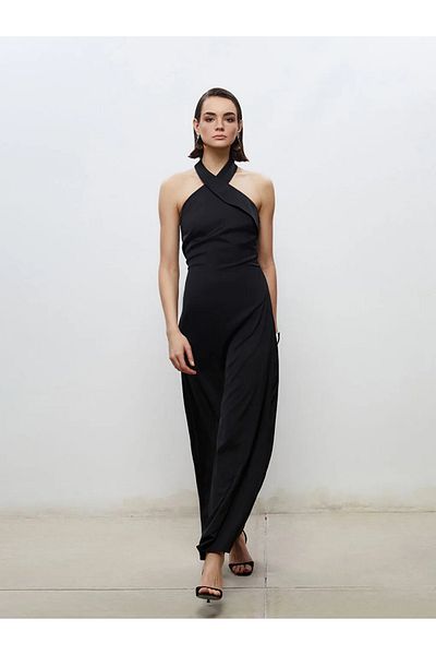LC Waikiki Soulife Black Halter Neckline Satin Evening Dress