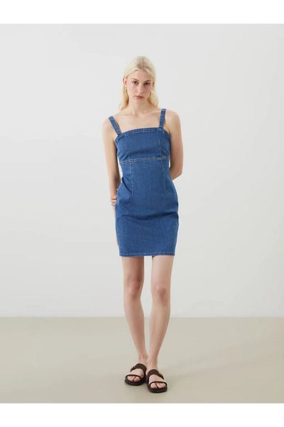 LC Waikiki Lcw Vision Indigo Square Neck Strap Mini Jean Dress
