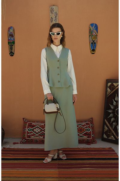 Fatma Atasoy Peplum Linen Mint Vest Skirt Suit