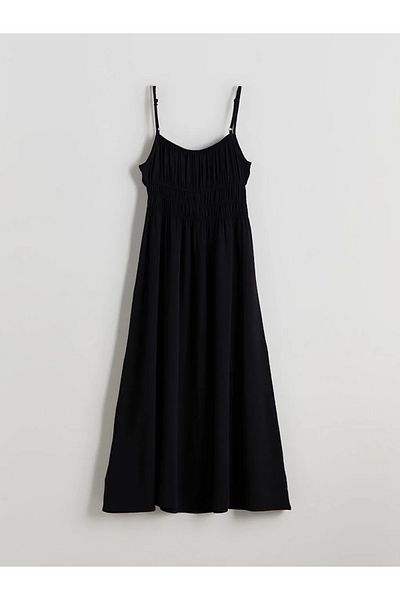 LC Waikiki Xside Black Tie-Up Neckline Suspender Smocked Dress