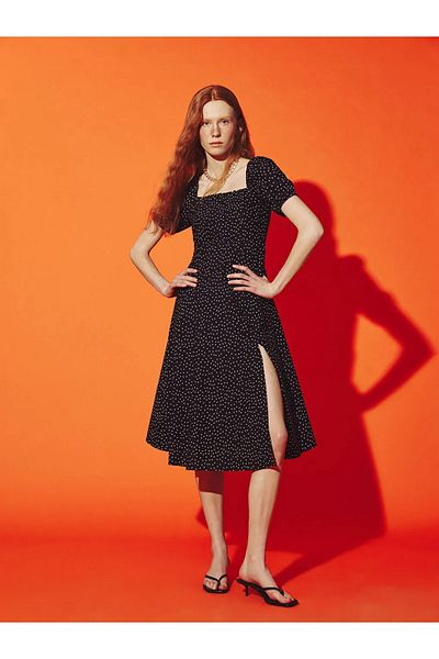 LC Waikiki Xside Black Square Neck Pattern Short Sleeve Women's Dress