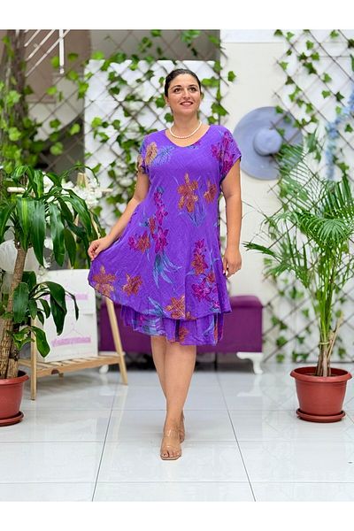Punta Otantik Nc50123 Italian Short Sleeve Cotton Linen Dress Purple