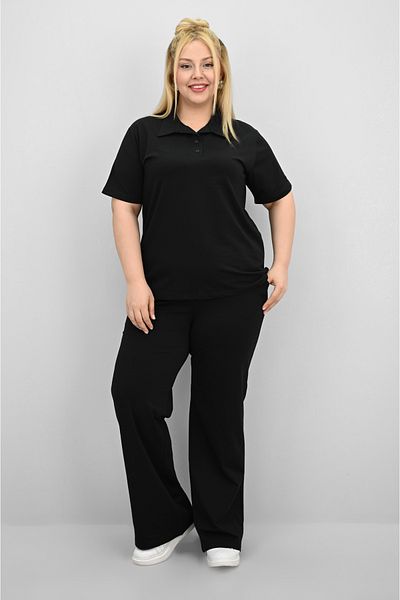 Koza Butik Women's Plus Size Short Sleeve Polo Neck Tracksuit Set 8188-25