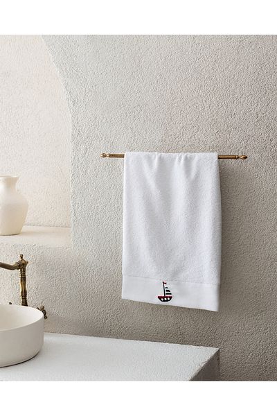 Madame Coco Naviguer Embroidered 100% Cotton Face Towel - White - 50X76 cm