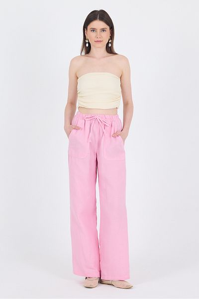 Rays Pink Linen Look 100% Cotton Pocket Wide Leg Trousers 8054A