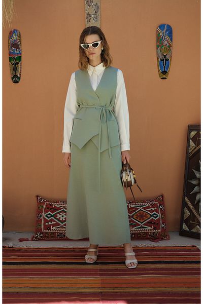 Fatma Atasoy Tie-Up Linen Mint Vest Skirt Suit
