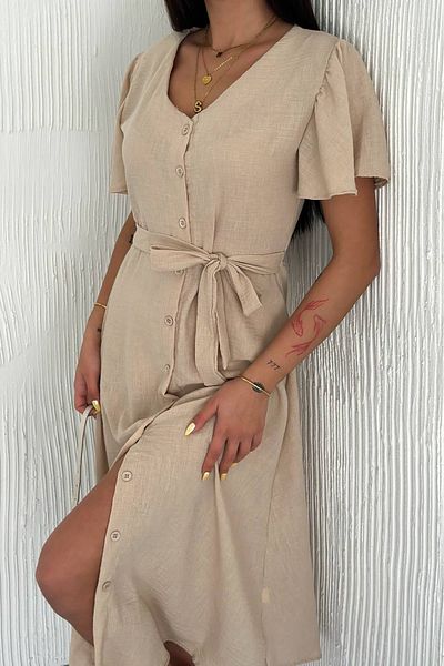 Neşeli Butik γυναικείο λινό φόρεμα με διπλό γιακά με ζώνη NBK058