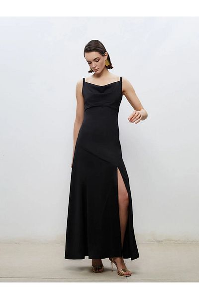 LC Waikiki Soulife Black Draped Neckline Strap Evening Dress