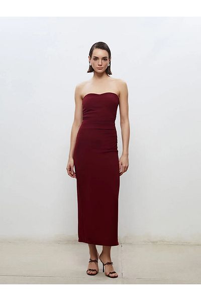 LC Waikiki Soulife Burgundy Strapless Neckline Gathered Evening Dress