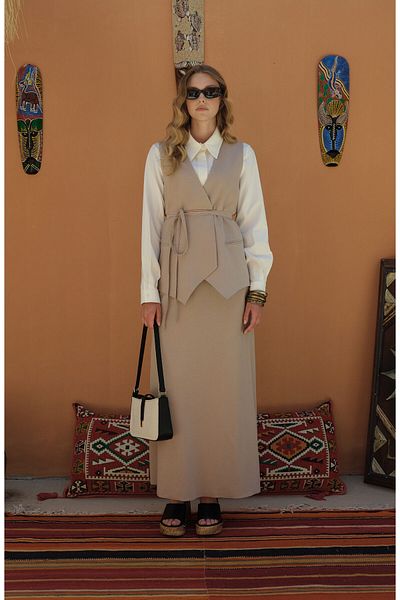 Fatma Atasoy Tie-Up Linen Stone Vest Skirt Suit