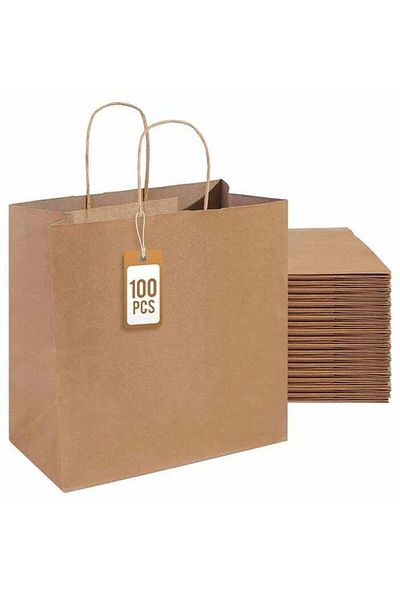 COOYA 100 Khaki Coloured Paper Bags, Loose with Handles, 8x4.75x10.5cm, DIY Free, for Gifts or Shopping