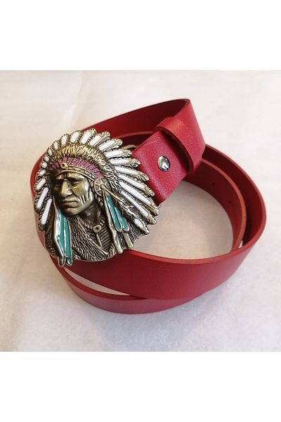 Butik Tülin Unisex Authentic Genuine Cowhide Leather Red Bronze Colored Enamel Indian Chief Cowboy Buckle Belt