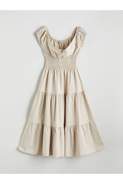 LC Waikiki Xside Beige Tie Collar Gipeli Fold Dress