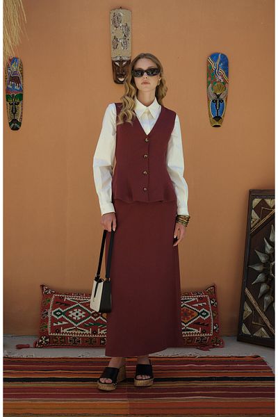 Fatma Atasoy Peplum Linen Burgundy Vest Skirt Suit