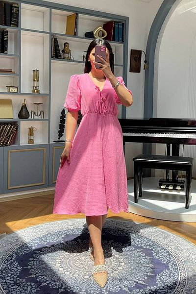 Neşeli Butik Women's Fuchsia Muslin Fabric Summer Dress Nbmy3753