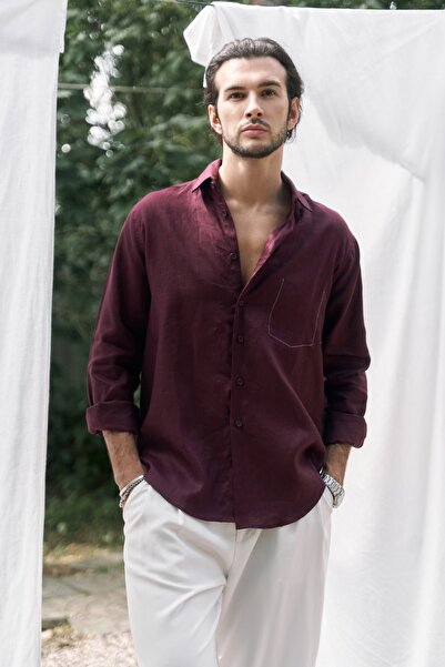 BOHEMAİ Ombretta Burgundy Linen Oversize Men's Shirt