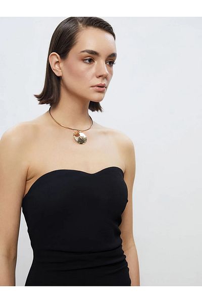 LC Waikiki Soulife Black Strapless Neckline Gathered Evening Dress
