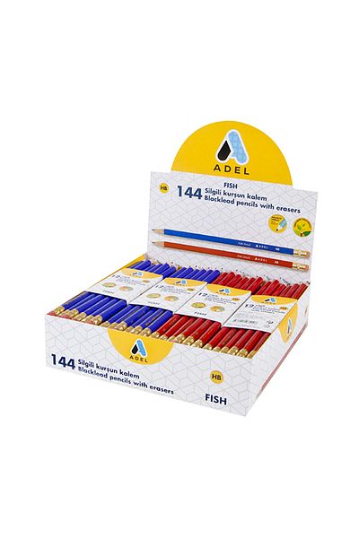 Adel Fish Pencil, 12 Pcs with Pencil Eraser, Hb Degree, Easy to Open, Assorted Colors