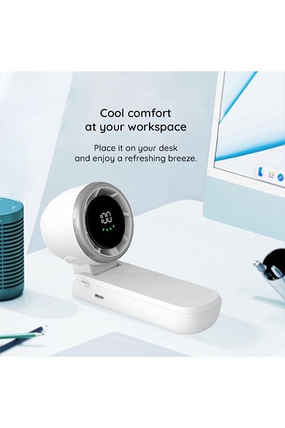 SKYDDAR INNOVATION Mini Portable Fan A9, LED Display, 5 Speeds, USB-C, 5000mAh Battery, Silent and Rechargeable, White