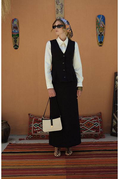 Fatma Atasoy Peplum Linen Black Vest Skirt Suit
