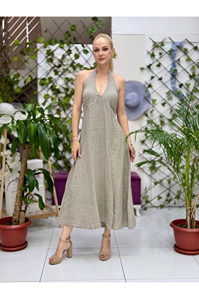 Punta Otantik Nc14968 Italian Neck Tie Backless Linen Dress Mink