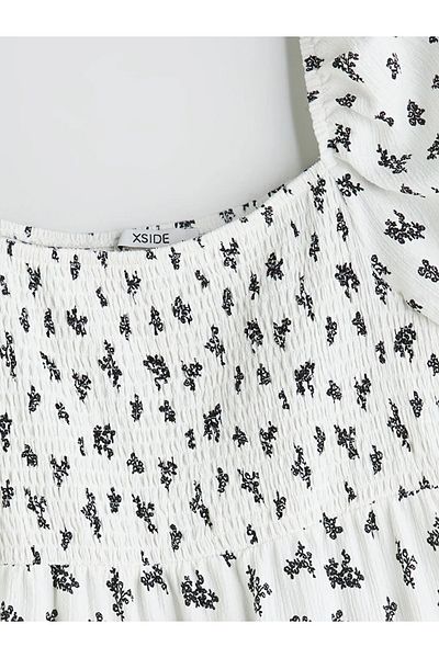 LC Waikiki Xside White Square Neck Balloon Sleeve Fold Mini Dress
