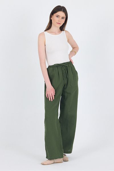 Rays Khaki Linen Look 100% Cotton Pocket Wide Leg Trousers 8054A