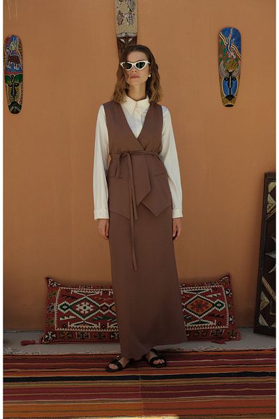 Fatma Atasoy Tie-Up Linen Brown Vest Skirt Suit