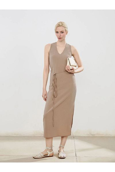 LC Waikiki Soulife Beige V-Neck Textured Belted Dress