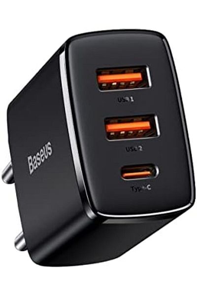 Baseus 30W USB-C PD Fast Charger, 1-Port Type-C & Dual-Port QC3.0 Wall Adapter EU Plug, Compatible w