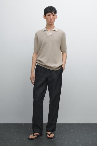 Massimo Dutti Dokulu triko V yaka polo t-shirt