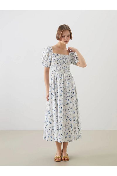 LC Waikiki Xside White Square Neck Floral Poplin Dress