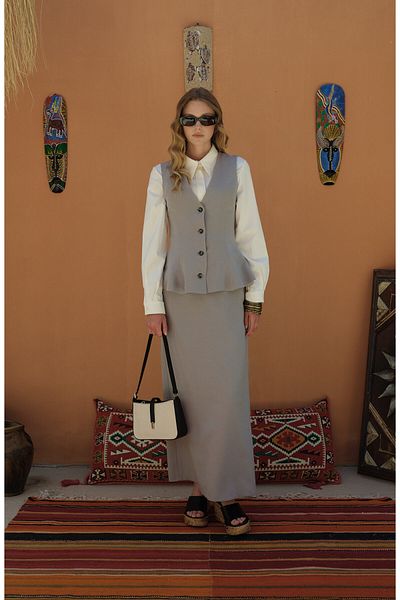 Fatma Atasoy Peplum Linen Gray Vest Skirt Suit