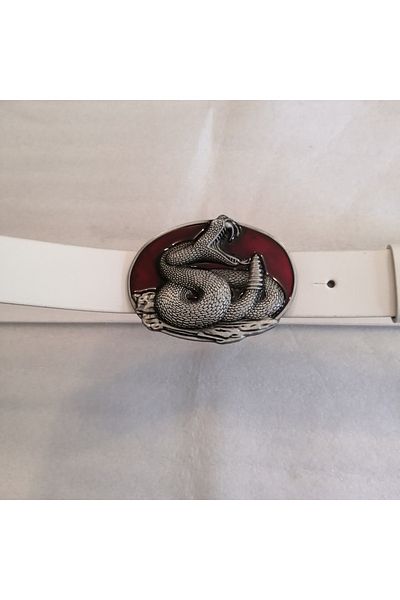 Butik Tülin Unisex Authentic Genuine Cowhide Leather White Silver Burgundy Enamel Cobra Snake Cowboy Buckle Belt