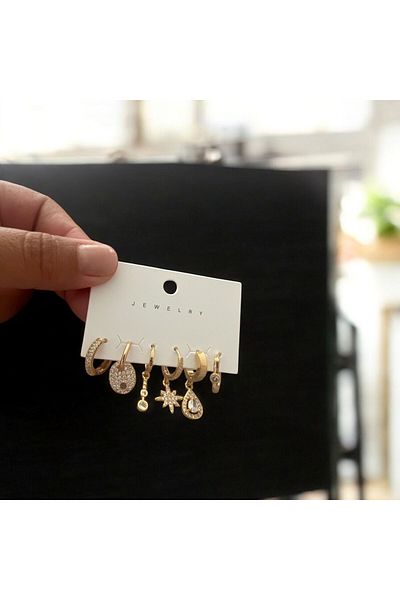 demirosa Set of 6 Gold Color Multiple Earrings with Stones and Mixed Figures