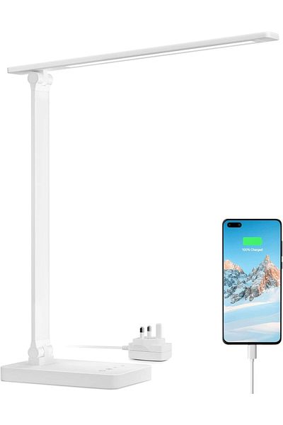 LEPRO LED Desk Lamp with USB Charging Port, Dimmable Daylight Lamp, 5 Brightness Levels x 3 Colour M