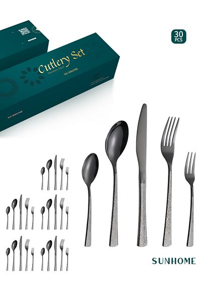 Sunhome 30-Piece Stainless Steel Cutlery Set Black
